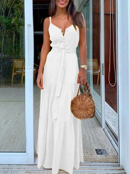 draped dressButtoned V-neck Stitching Strap Dress