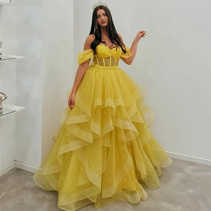 party dressYellow Off Shoulder Tulle A-Line Birthday Dress Evening Ball Gown, DP2674