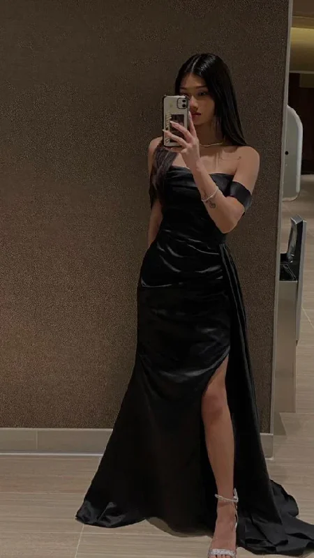 cocktail party dressBlack Off Shoulder Mermaid Simple Satin Long Prom Dress with Slit, DP2948