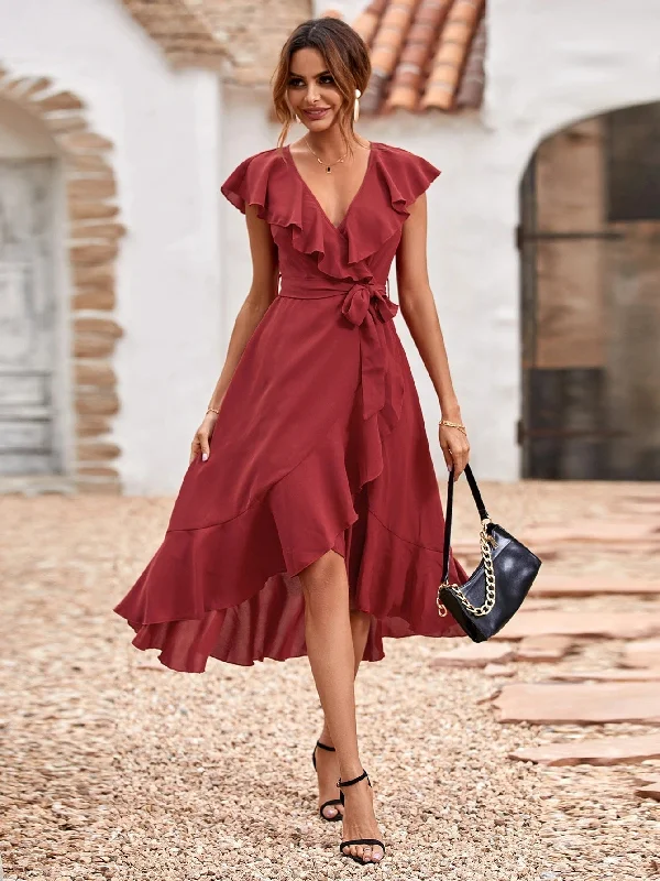 shift dressRed Carpet Ruffle Wrap High Low Maxi Dress - Maroon - FINAL SALE