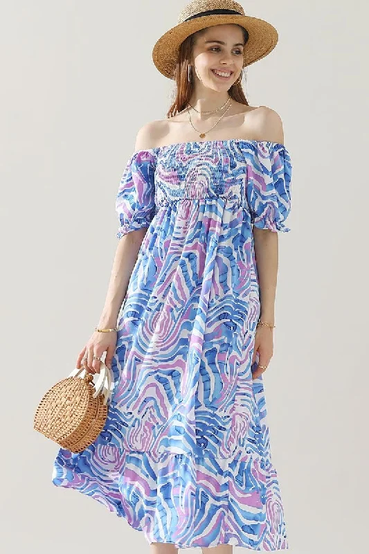 structured dressMABLE PATTERN OFF SHOULDER FLARE MAXI DRESS