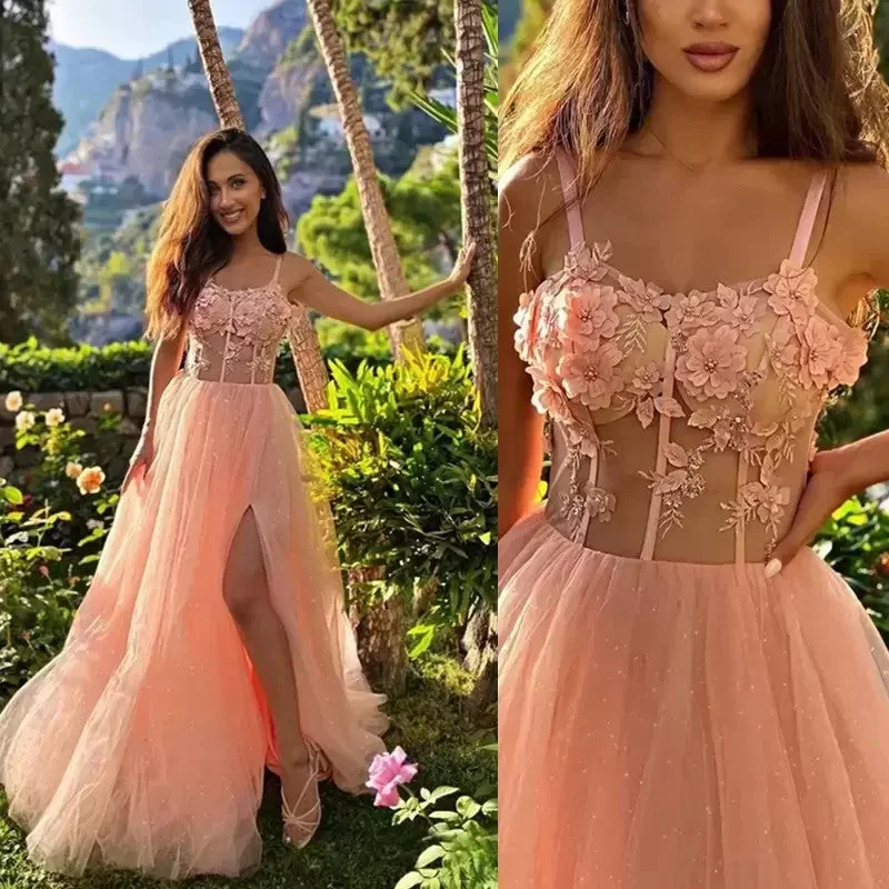 flowy dressGlitter Tulle Long Prom Dresses Side Split A Line Bride Party Evening Cocktail Women Wear Bead Handmade Flower Vestidos De Novia,LW049