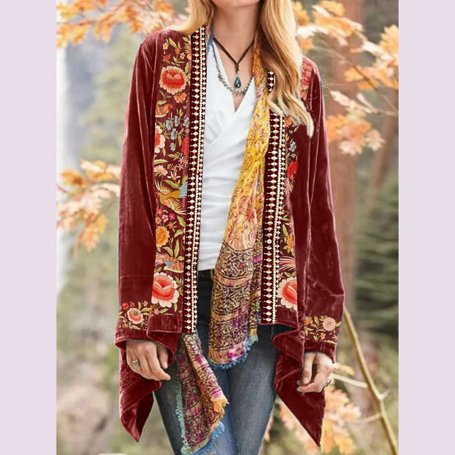 stylish coatWomen's Plus Size Thick Jacket Long Sleeve Ethnic India Folk Casual Floral Vintage Cardigans Autumn Spring Coat Velver Outerware