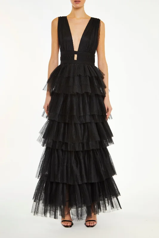 v-neck dressEliza Black Fully Lined Plunging Neck Layered Tulle Skirt Maxi-Dress