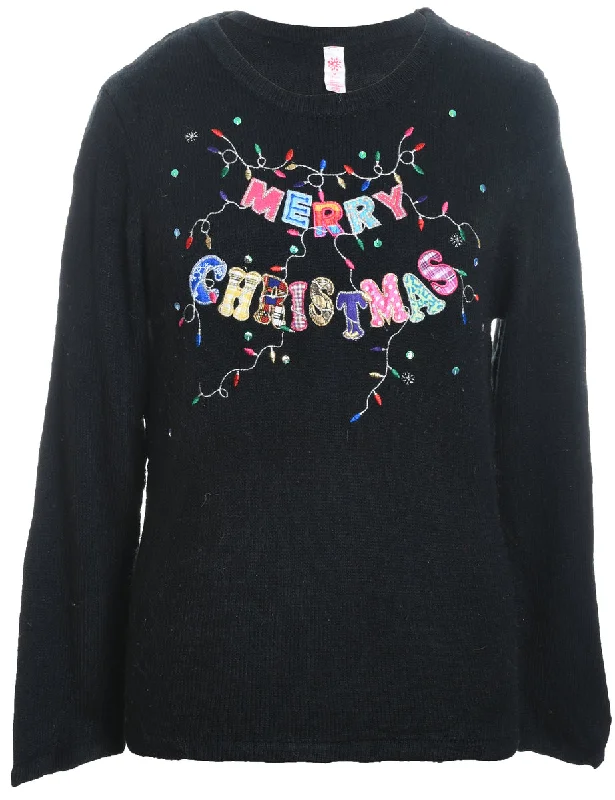 everyday winter coatFestive Season Black Embroidered Christmas Jumper - M