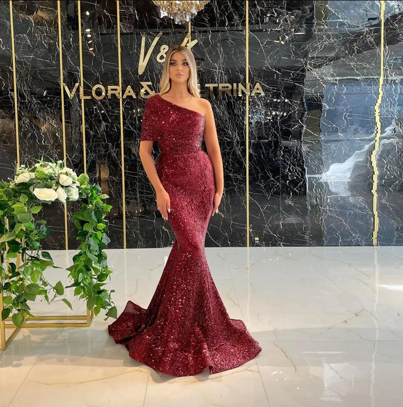 floral dressGlitter Burgundy Sequined Mermaid Dresses Evening Party Women Wear 2022 One Shoulder Short Sleeves Trumpet Prom Vestidos,LW031