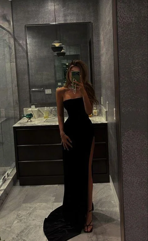 romantic dressSexy Black Strapless Mermaid Simple Long Evening Dress with Slit, DP2949