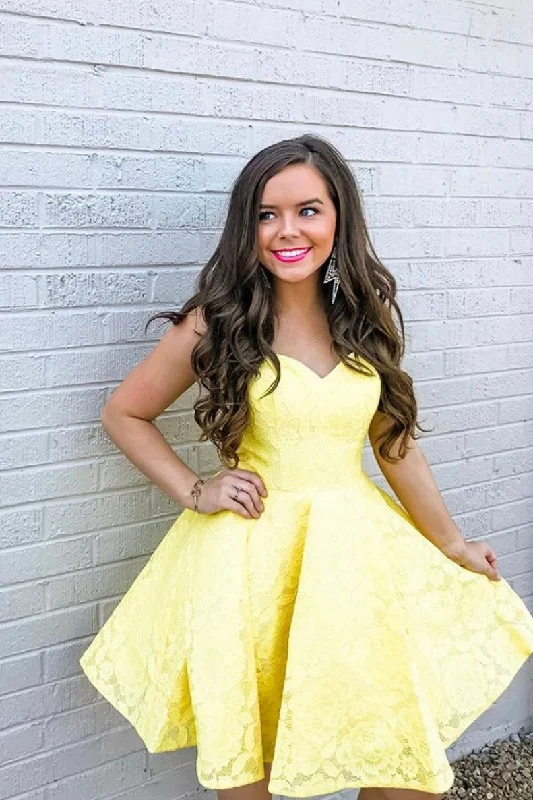 party-ready dressCute yellow lace short prom dress yellow homecoming dress,DS2350