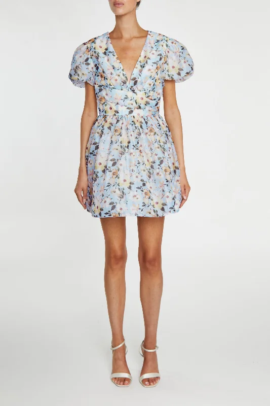 trendy wrap dressClaire Pale-Blue Flower Organza Wrap Skater Mini-Dress