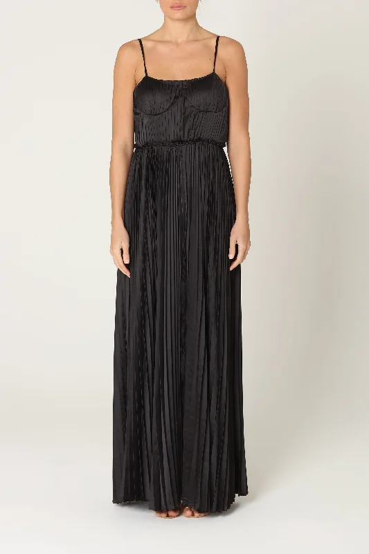 sophisticated dressBlack Satin Pleated Maxi Dress