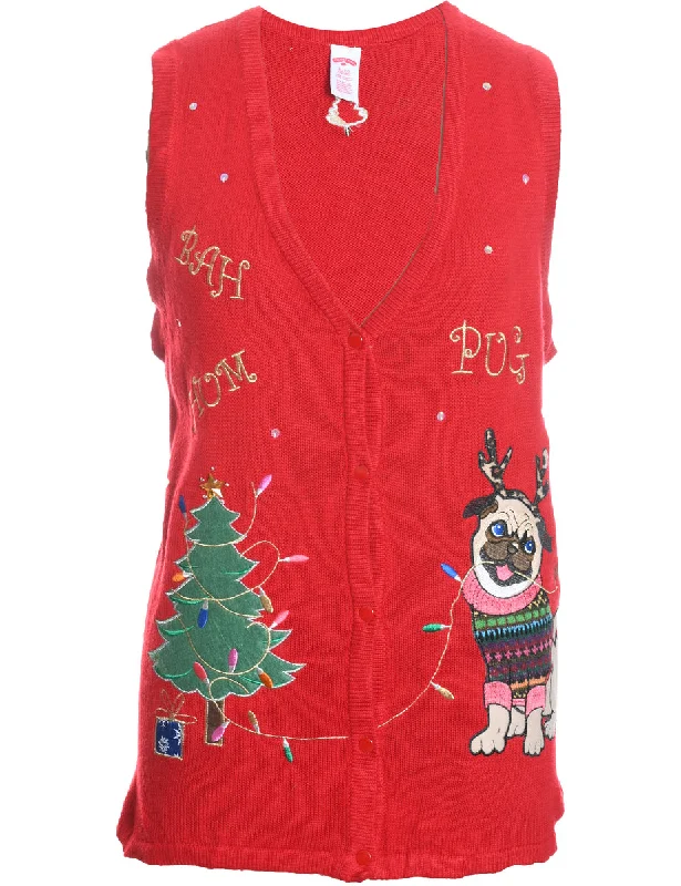 oversized puffer coatRed Embroidered Pug Design Applique Detail Sweater Vest - XL