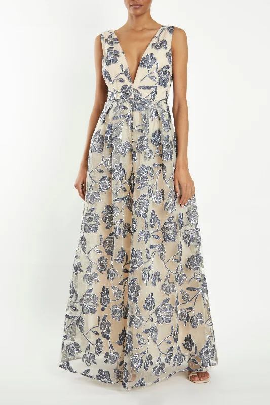 wrap-around dressLouise Steel Blue Embroidery Plunging Back Maxi-Dress