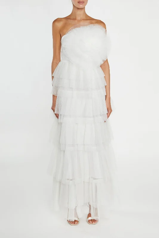 knit dressValerie White Pleated 3D Tiered Midi-Dress