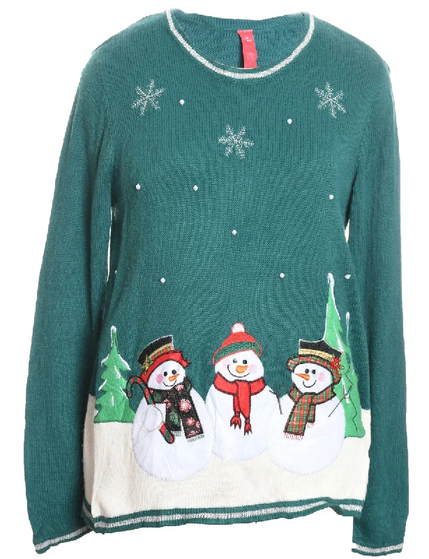 raincoatSnowman Design Green Knit Embroidered Christmas Jumper - L