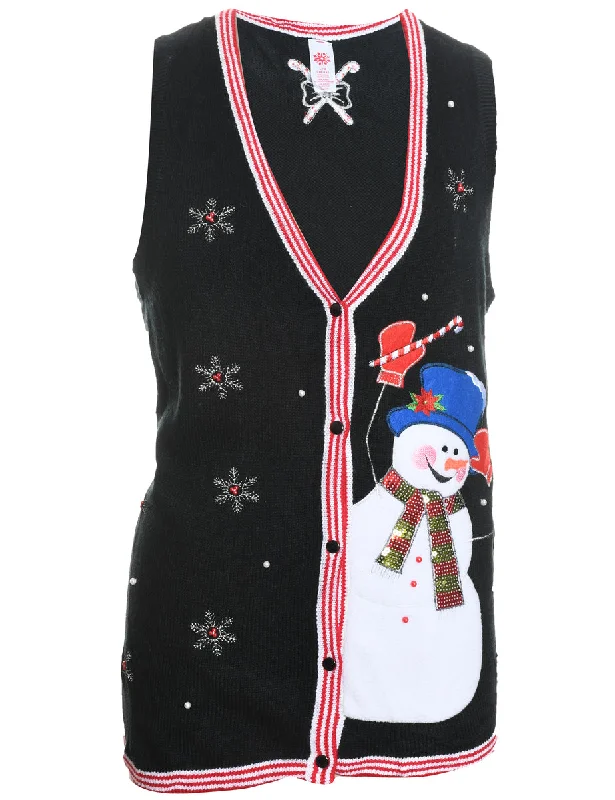 casual sports coatSnowman Design Black Embroidered Christmas Vest - L