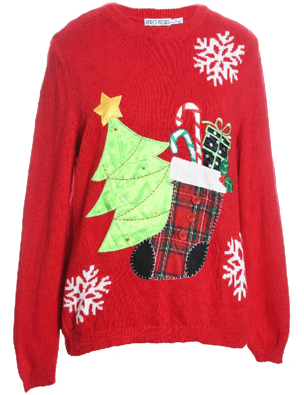 modern outerwearChristmas Tree Design Red Appliqued Jumper - L