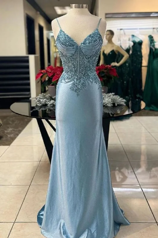 structured dressBlue Spaghetti Straps Vingtage Beading Mermaid Long Prom Dress, DP3396