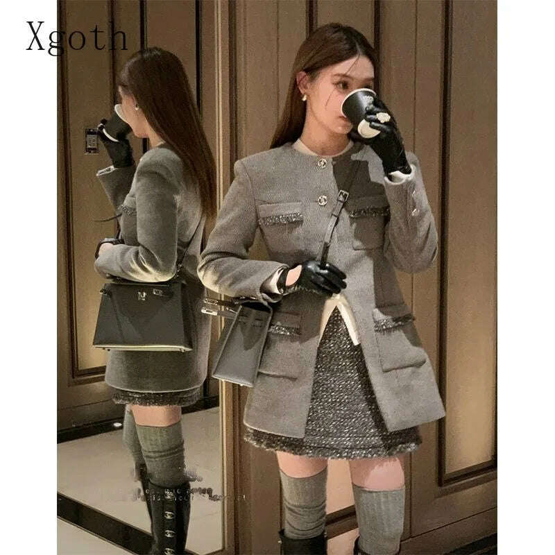 long-sleeve coatWomen Sets O-Neck Waist Retraction Hem Split Coat+Bright Silk A-Line Tasslals Edge Short Skirt Exquisite Two Piece Lady Clothing