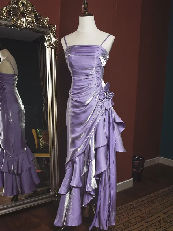 draped dressLight Purple Straps Vintage Floral Asymmetrical Hem Long Prom Dress, DP3141