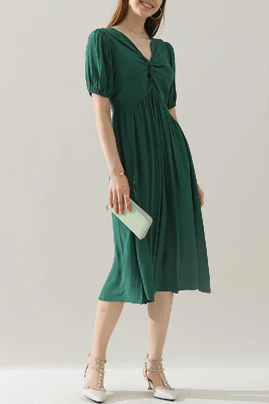 wrap dressKINK V NECK BALLOON SLEEVE RUFFLED MIDI DRESS