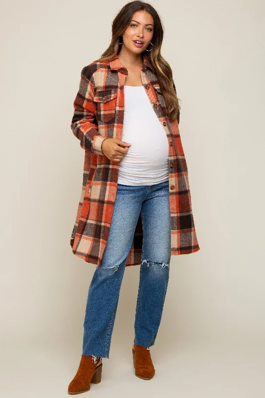 cozy winter coatRust Plaid Fleece Maternity Long Shirt Jacket