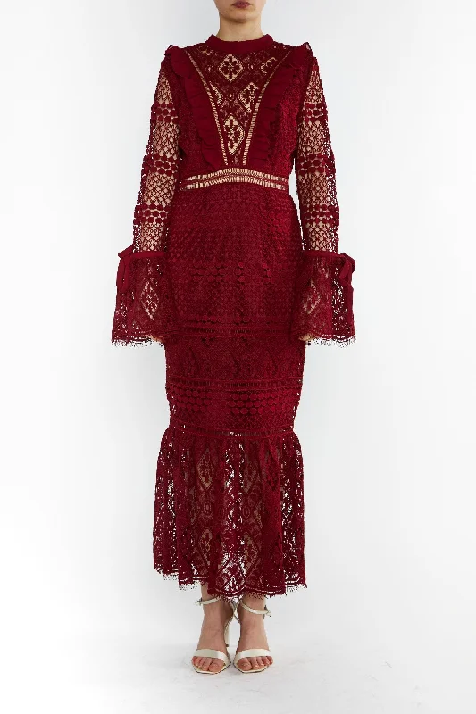 ruffle dressJenna Burgundy Peplum-Sleeve Lace Midi Dress