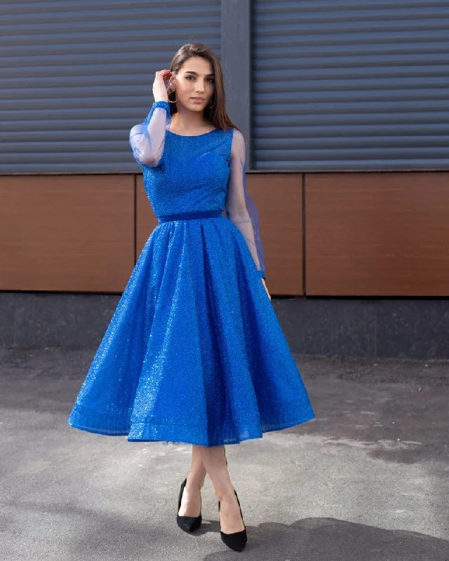 form-fitting dressLight Royal Blue Tea Length Prom Dresses Scoop Neck Long Sleeves Homecoming Party Graduation Gowns Short A Line Women Wear,LW052