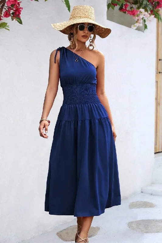 sleeveless dressHALF OFF SHOULDER SLIM WAIST MIDI DRESS