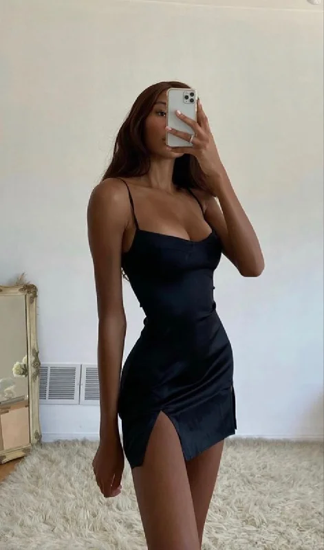 ashionable dressSexy Bodycon Straps Black Slit Satin Short Party Dresses, Mini Dresses,DS4561