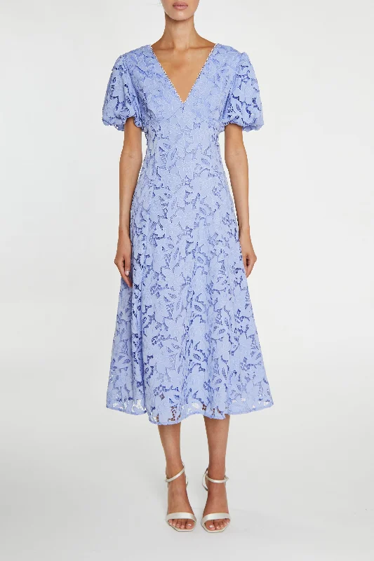 luxury dressHarley Cornflower-Blue Cutwork Lace V-Neck Midi-Dress