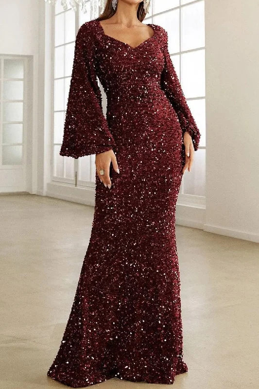 A-line dressWOMEN LONG BELL SLEEVE SEQUIN MAXI PARTY DRESS