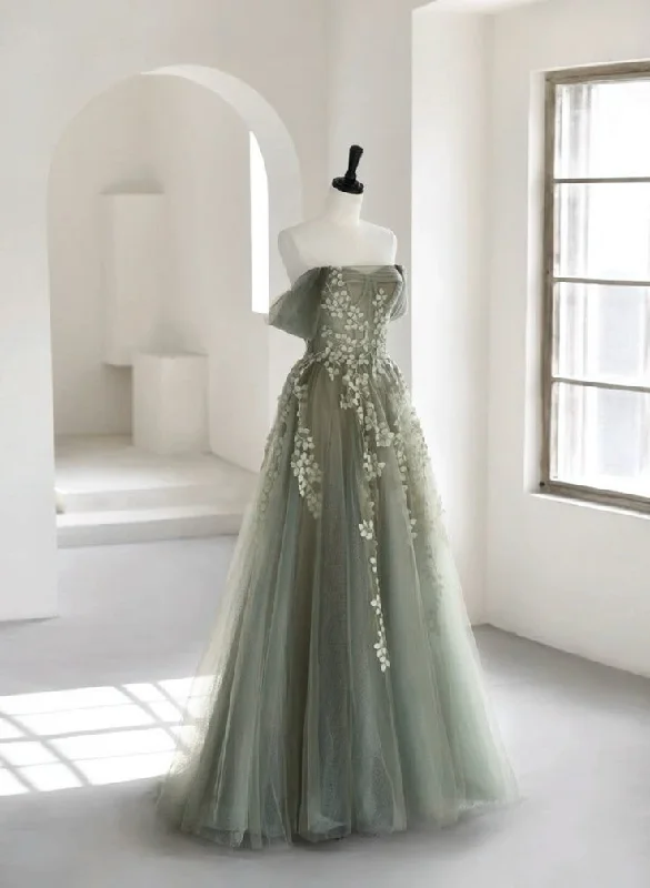 casual midi dressDusty Green Off Shoulder A-Line Tulle Appliques Long Formal Party Dress, DP3612