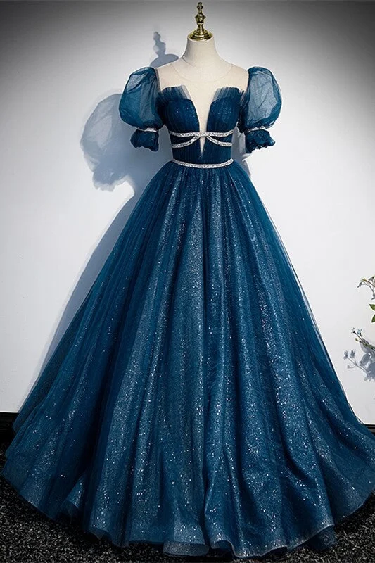 A-line dressBlue A-line Tulle Long Formal Dress with Short Puffy Sleeves,DS3470