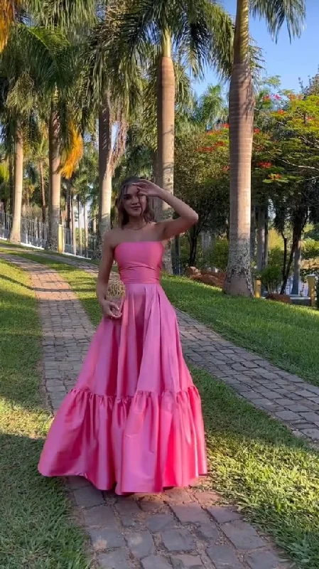 elegant maxi dressLovely Pink A-Line Strapless Long Party Dress Birthday Outfits, DP3175