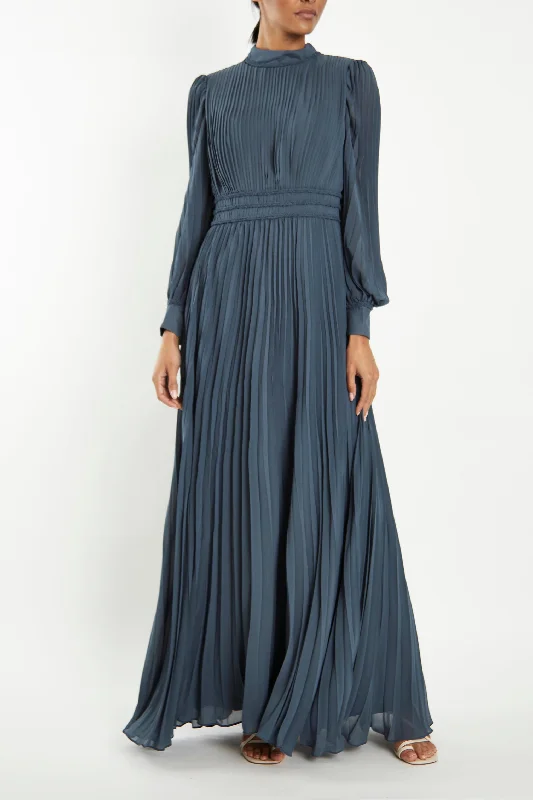 elegant evening dressMaria Steel Blue Pleated Long-Sleeve Maxi-Dress