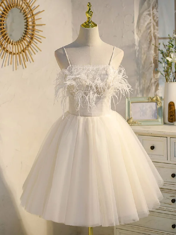 casual evening dressWhite tulle lace short prom dress, white lace homecoming dress ,DS4010