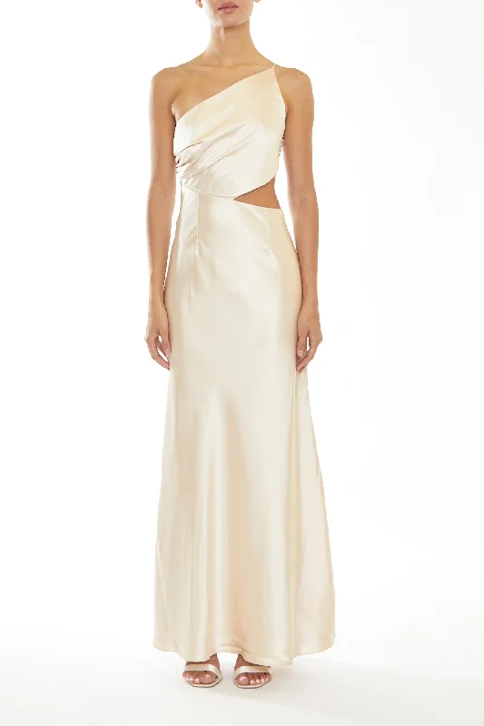 elegant dressElena Pale-Stone Asymmetric Cut-Out Satin Bridesmaid Maxi-Dress