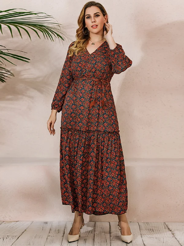 trendy dressKittenAlarm - French Elegant Large Size Oversize Red Printed Long Sleeve V-Neck Dress