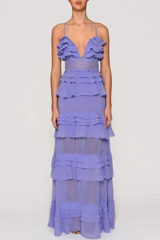 chic dressSophia Cornflower-Blue Plunge Front Tiered Ruffle Maxi-Dress