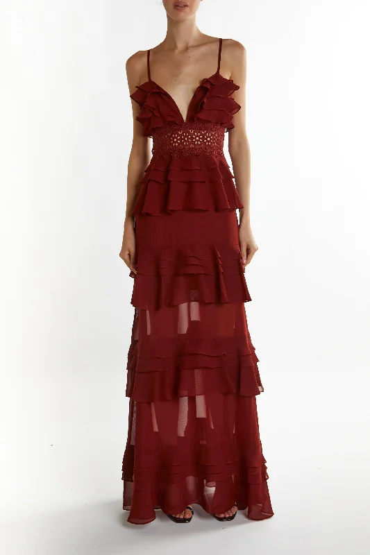 ruched dressSophia Burgundy Plunge Front Tiered Ruffle Maxi-Dress