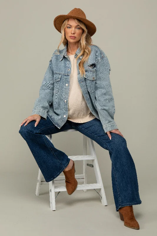 cozy winter coatLight Blue Front Pocket Denim Maternity Shacket