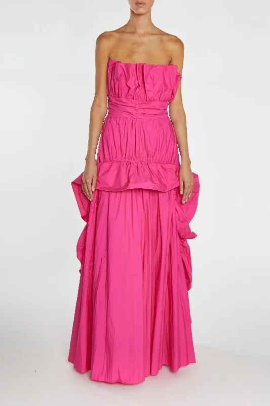 lace-up dressClarissa Magenta-Pink Bandeau Pleated Ruffle Maxi-Dress