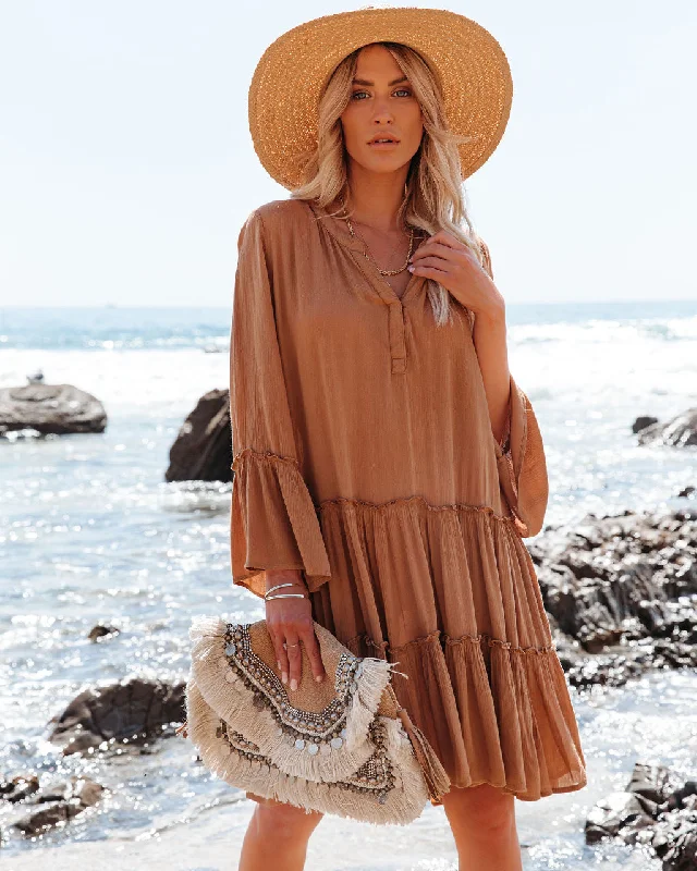 ashionable dressBarefoot On The Beach Pocketed Tiered Tunic - Caramel