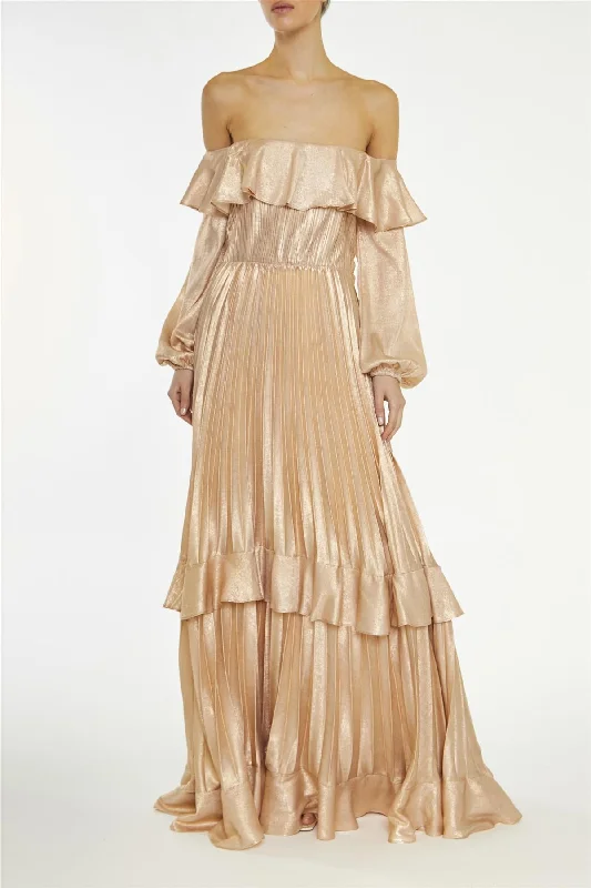 ruffle dressAdrianna Metallic-Copper Pleated Bardot Maxi-Dress