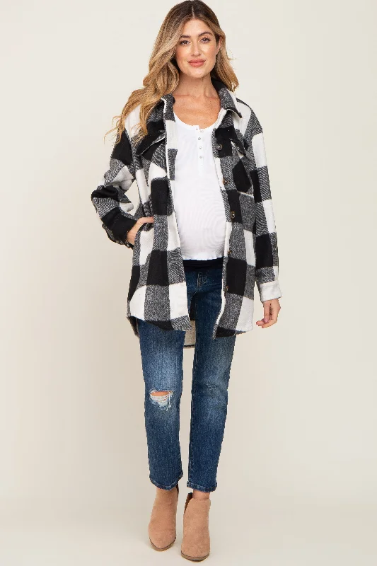 lightweight coatBlack Plaid Brushed Long Maternity Shacket