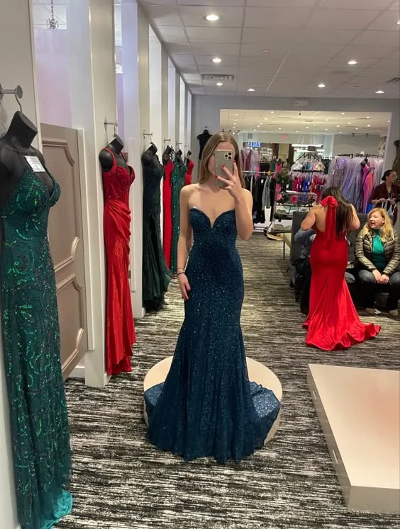 denim dressDark Teal Sweetheart Mermaid Shiny Long Prom Dress Party Gown, DP3631