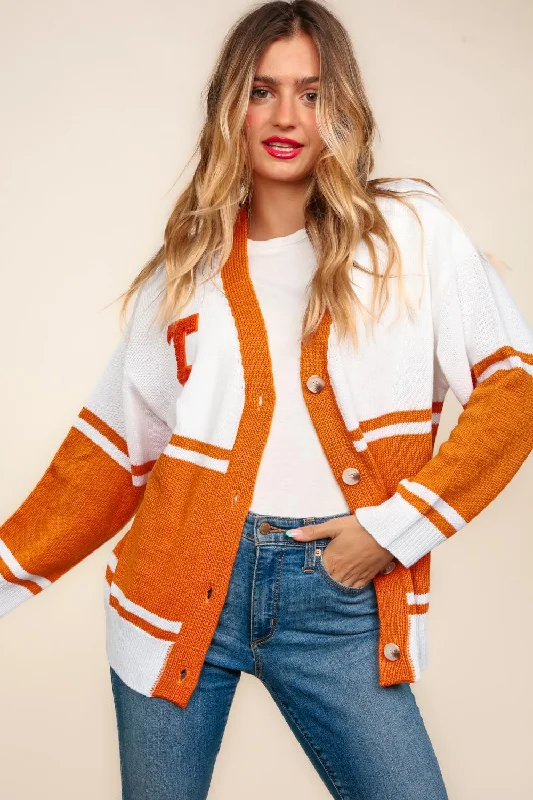 sleek trench coatBurnt Orange V Neck Button Down Pop Up Letter Patch Sweater