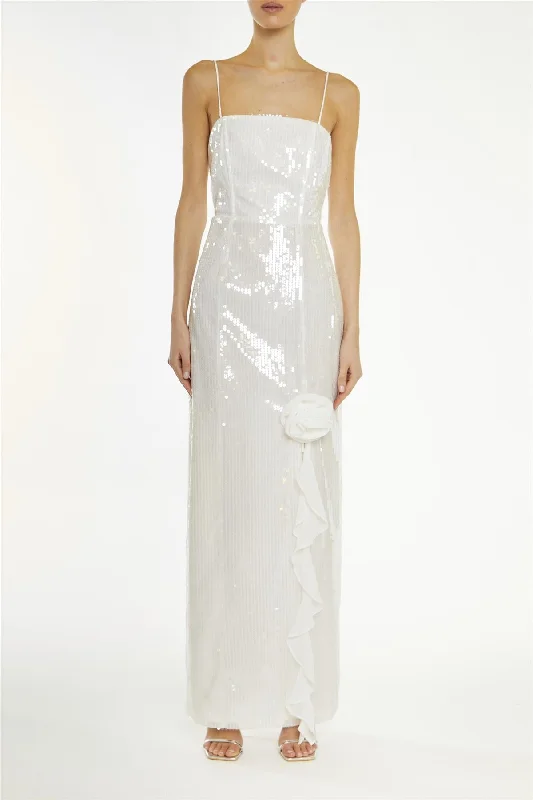 floral dressCrystal White Translucent-Sequin Ruffle-Split Maxi-Dress