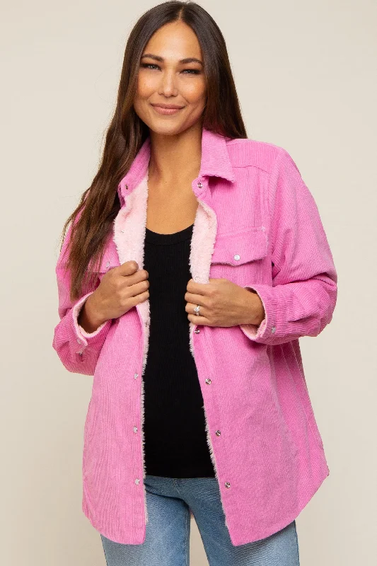 classic bomber jacketPink Corduroy Sherpa Lined Maternity Shacket