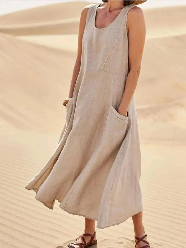 puff sleeve dressCasual Solid Pocket Sleeveless Dress